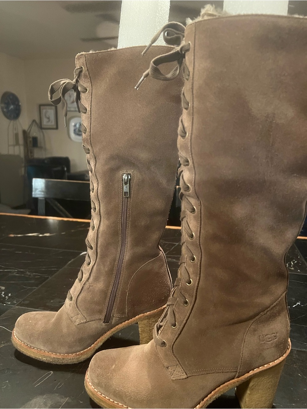 UGG Brown Suede Lace-Up Mid-Calf Boots with Side Zip